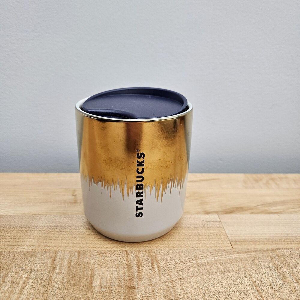 Starbucks Coffee 2020 Holiday Gold White Ceramic Tumbler Mug Cup 8 oz & Lid